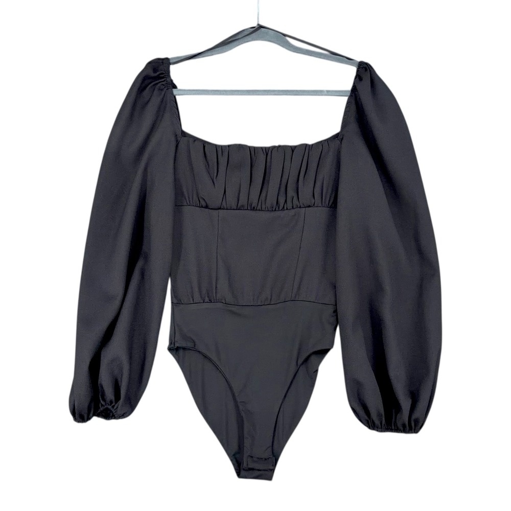 Princess Polly Black Long Sleeve Square‎ Neck Ruched Bodysuit Size 2